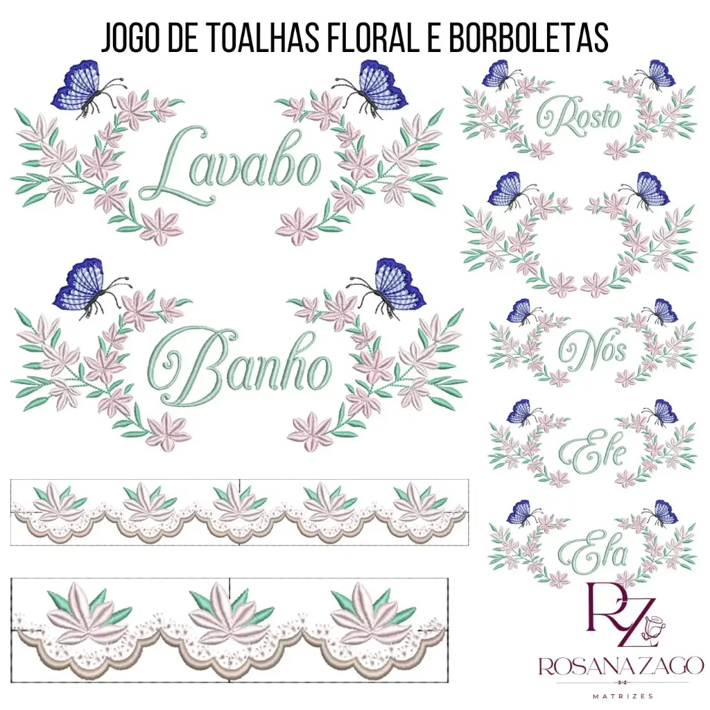 JOGO DE TOALHAS FLORAL E BORBOLETAS