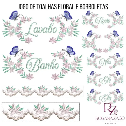 JOGO DE TOALHAS FLORAL E BORBOLETAS
